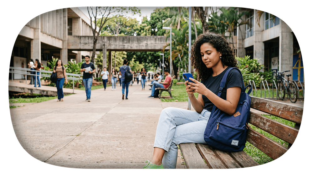 Jovem com mochila azul sentada em um banco ao ar livre no campus universitário, usando o celular enquanto outras pessoas caminham ao fundo entre prédios e bicicletas