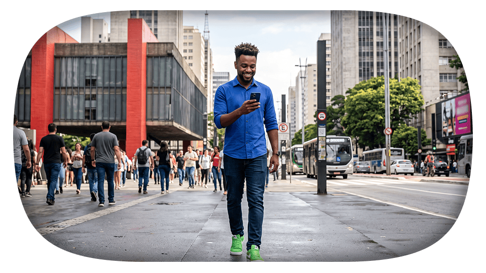 Homem jovem com camisa azul e jeans caminha em uma avenida movimentada, usando o celular enquanto pedestres seguem ao fundo, com prédios altos e ônibus no cenário urbano.