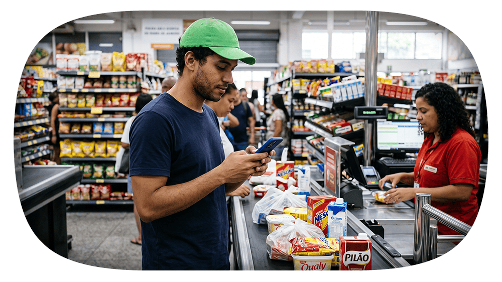 Cliente em supermercado usa o celular enquanto passa pelo caixa com atendente, entre gôndolas de alimentos e produtos em prateleiras. Imagem mostra compra com pagamento no caixa.