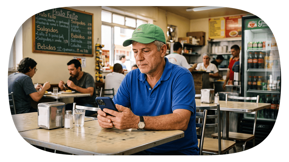 Homem idoso sentado em uma lanchonete, usando smartphone em mesa com recipientes e copos, enquanto pessoas ao fundo aguardam atendimento.
